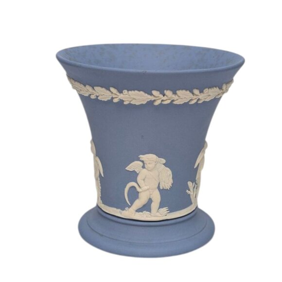 Vtg Wedgewood Jasperware Trumpet Vase Blue Neoclassical Raised Relief 3.5" - Picture 12 of 14